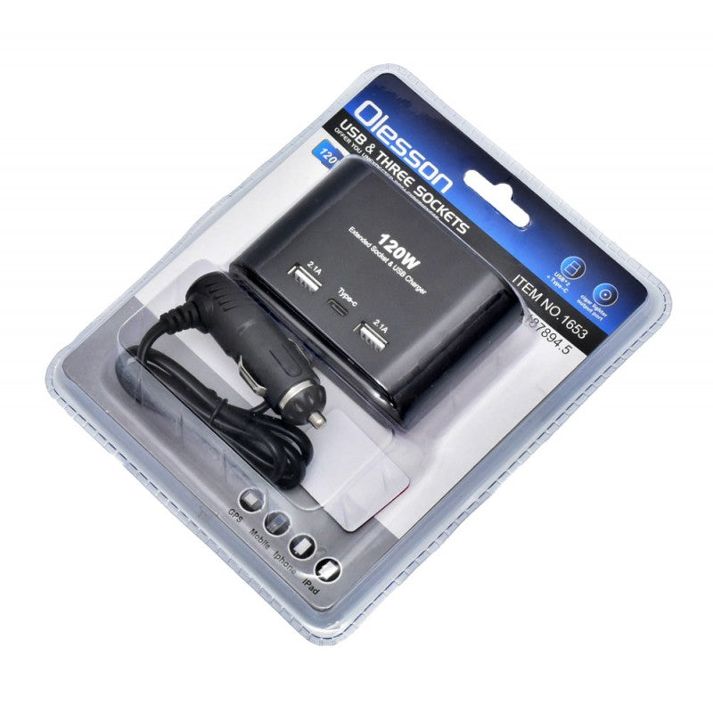 120W Car Splitter with 3 12/24V Sockets + 2 USB + 1 Type-C / NO-1653