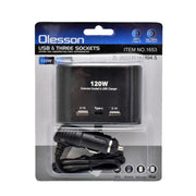 120W Car Splitter with 3 12/24V Sockets + 2 USB + 1 Type-C / NO-1653