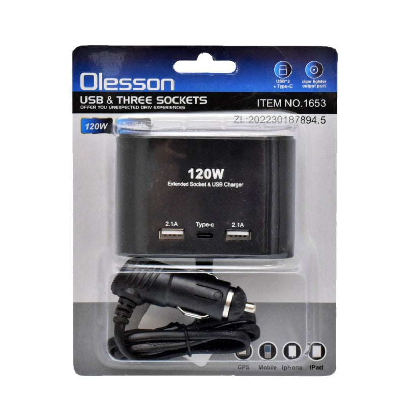 120W Car Splitter with 3 12/24V Sockets + 2 USB + 1 Type-C / NO-1653