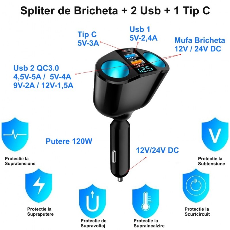 Car Cigarette Lighter Splitter 2 Sockets / 2 USB + 1 Type C / M7