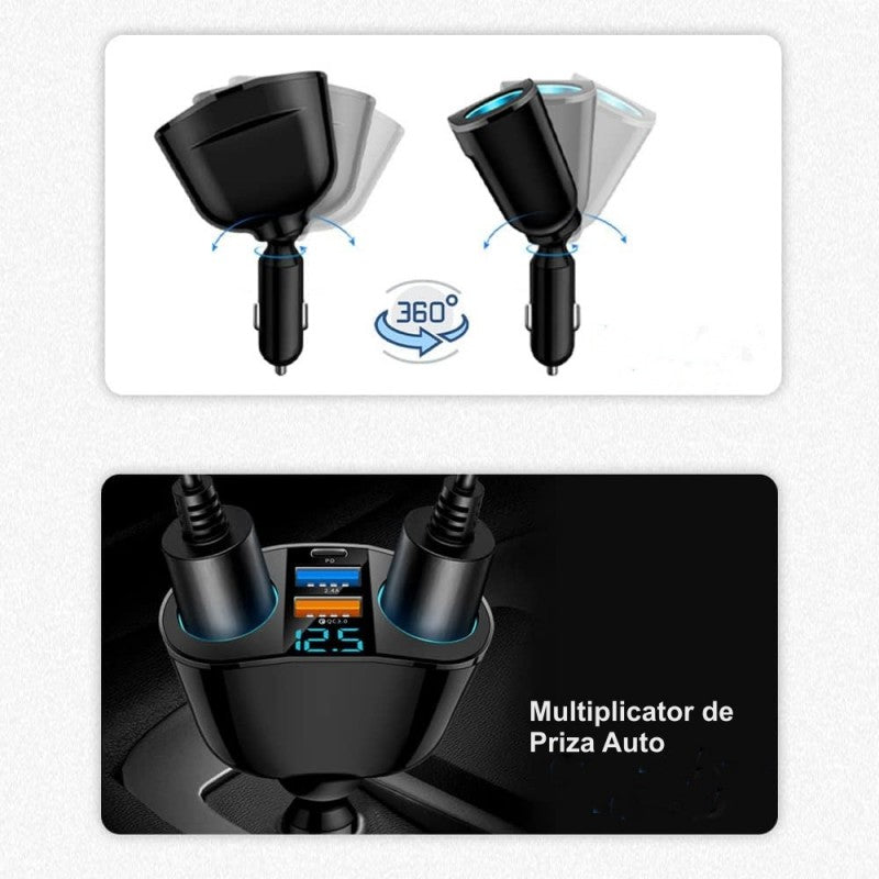 Car Cigarette Lighter Splitter 2 Sockets / 2 USB + 1 Type C / M7