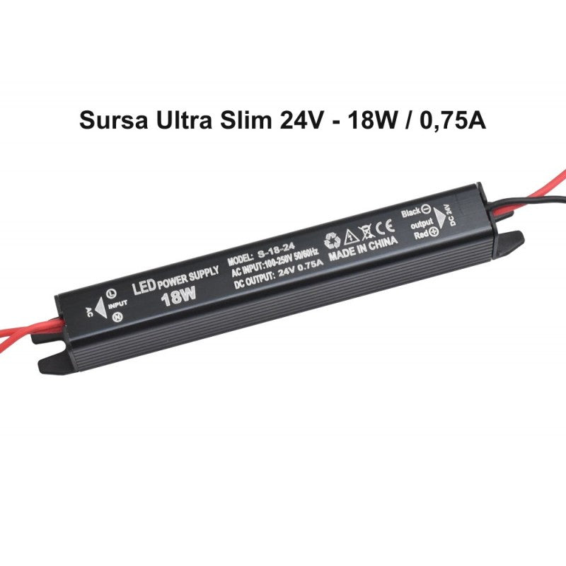 Power Supply, Ultra Slim Black, 24V, 18W, 0.75A, Indoor, IP20