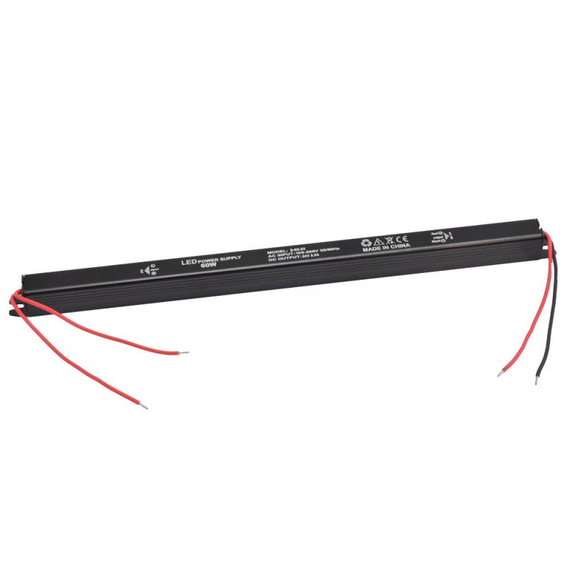Sursa alimentare ultra slim 60W 24V 2.5A, carcasa aluminiu negru, IP20, cabluri rosu si negru preinstalate