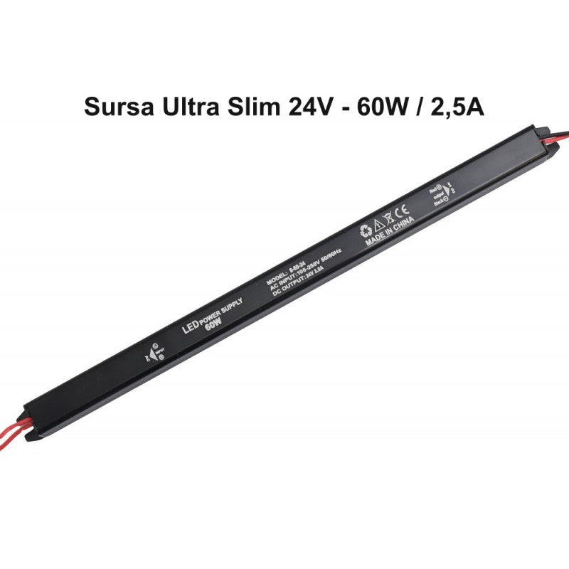 Sursa alimentare slim 60W 24V, profil subtire negru cu eticheta specificatii tehnice vizibila