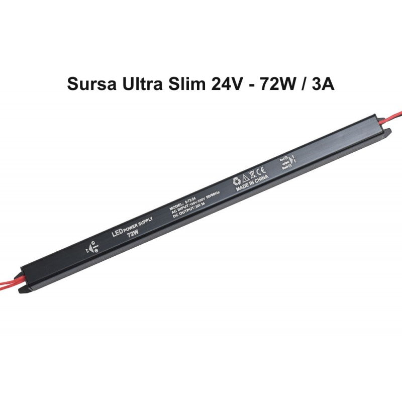 Power Supply, Ultra Slim Black, 24V, 72W, 3A, Indoor, IP20