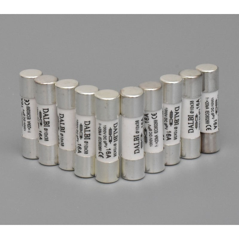 Set of 10 Fuses for Photovoltaic Panels, 16A, 1000V DC, 10x38mm