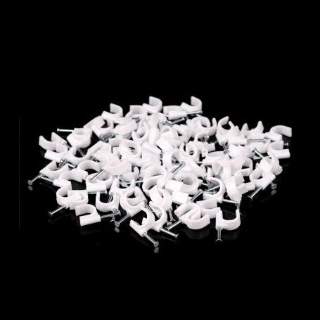 Set 100 x Cable Clips with Nail, 7mm, Wall Cable Fastener, White