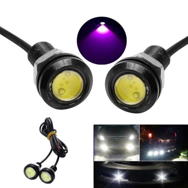 Set of 2 Car LED Lights with Wire, 18mm Diameter, 12V, 9W Power, Purple