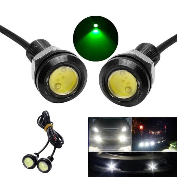 Set of 2 Car LED Lights with Wire, 18mm Diameter, 12V, 9W Power, Green