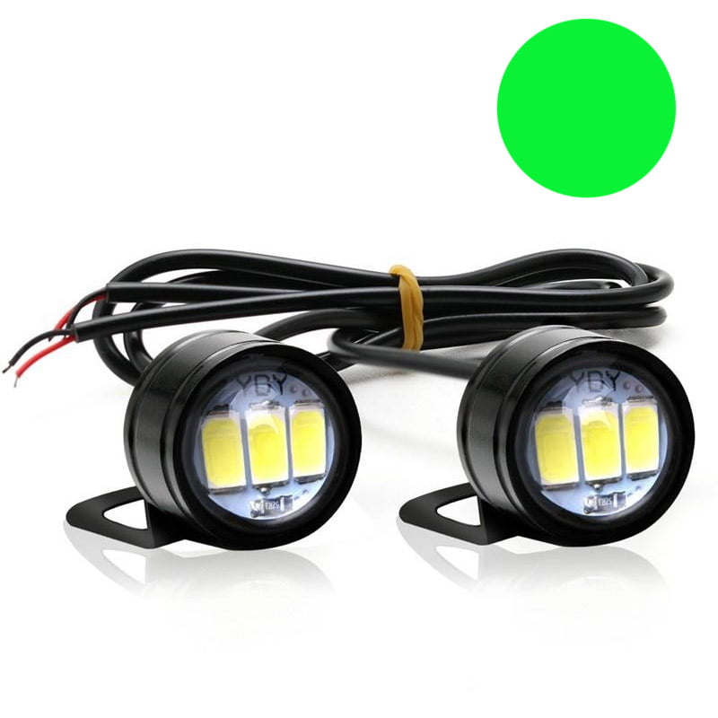 Set of 2x LED Car/Motorcycle Lights with Metal Bracket and Wire, 23mm Diameter, 9W, Green