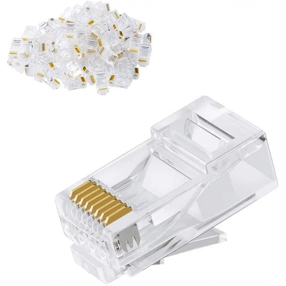 Set 100 UTP RJ45 Connectors, CAT6, Fixed Stop, Plastic, Transparent