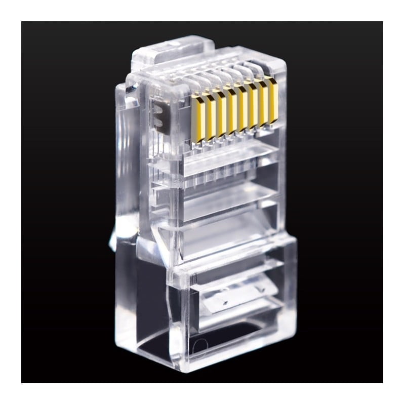 Set 100 UTP RJ45 Connectors, CAT6, Fixed Stop, Plastic, Transparent