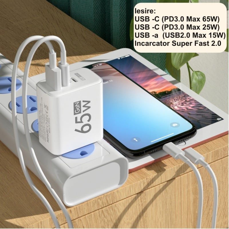 65W Charging Station, 2x Type-C, 1x USB, FAST, 220V Power Adapter