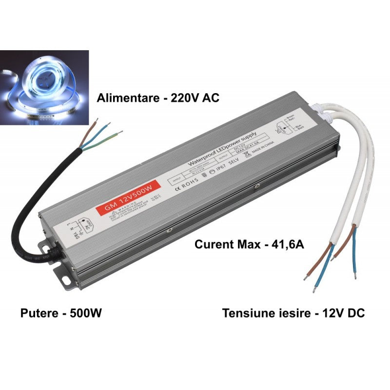 Slim Power Supply, Outdoor, 12V, 500W, 41.6A, IP67