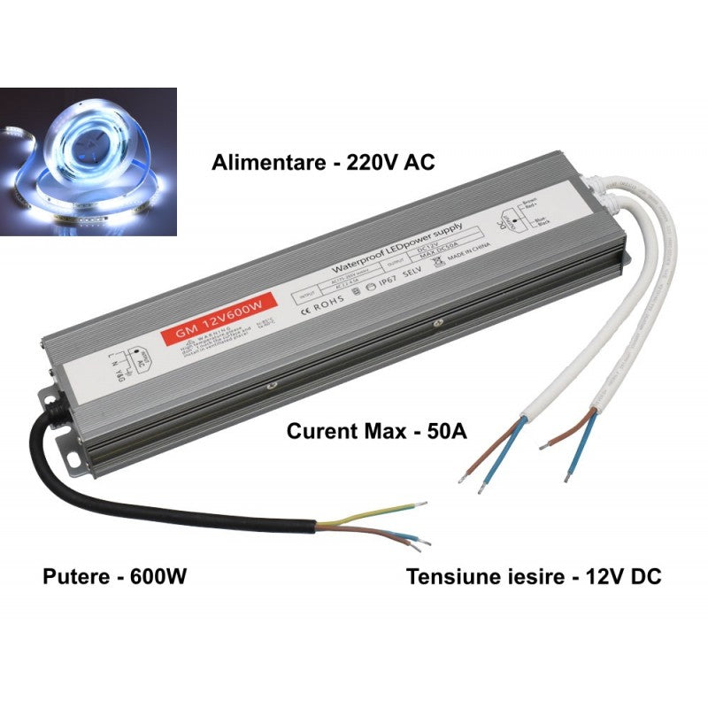Slim Power Supply, Outdoor, 12V, 600W, 50A, IP67