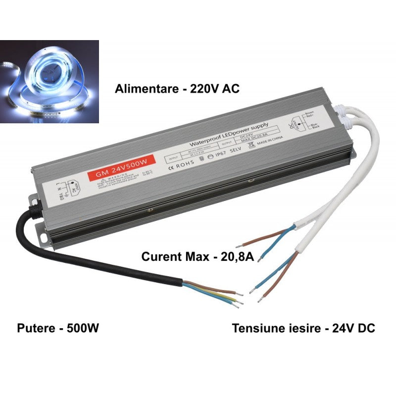 Slim Power Supply, Outdoor, 24V, 500W, 20.8A, IP67