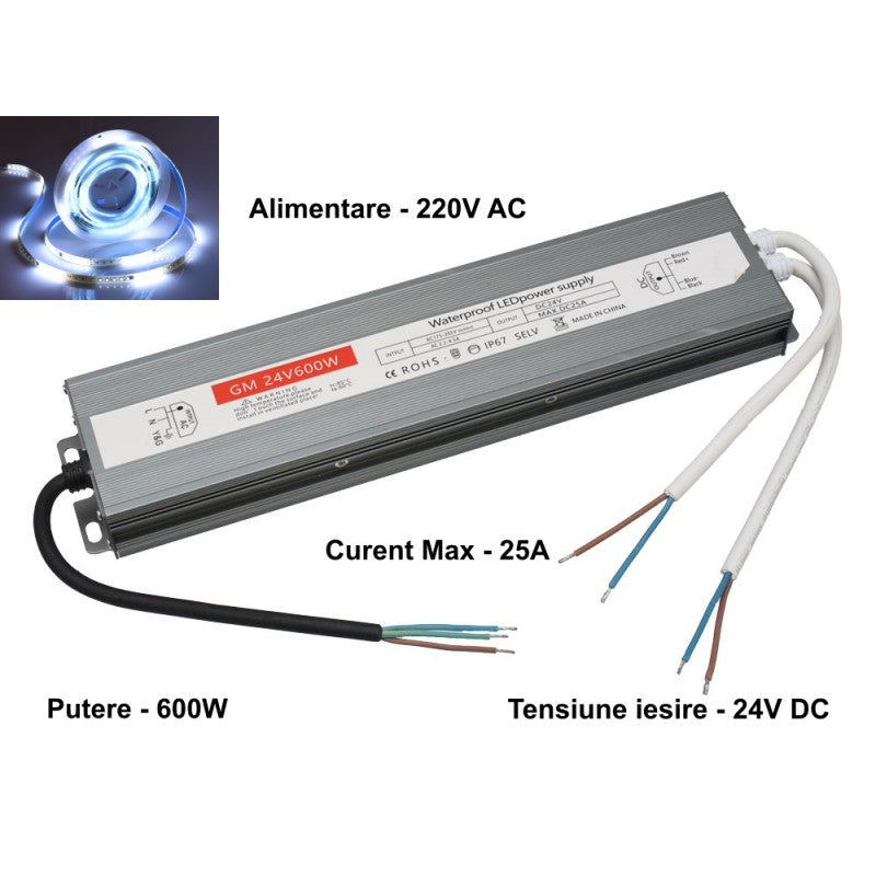 Slim Power Supply, Outdoor, 24V, 600W, 25A, IP67