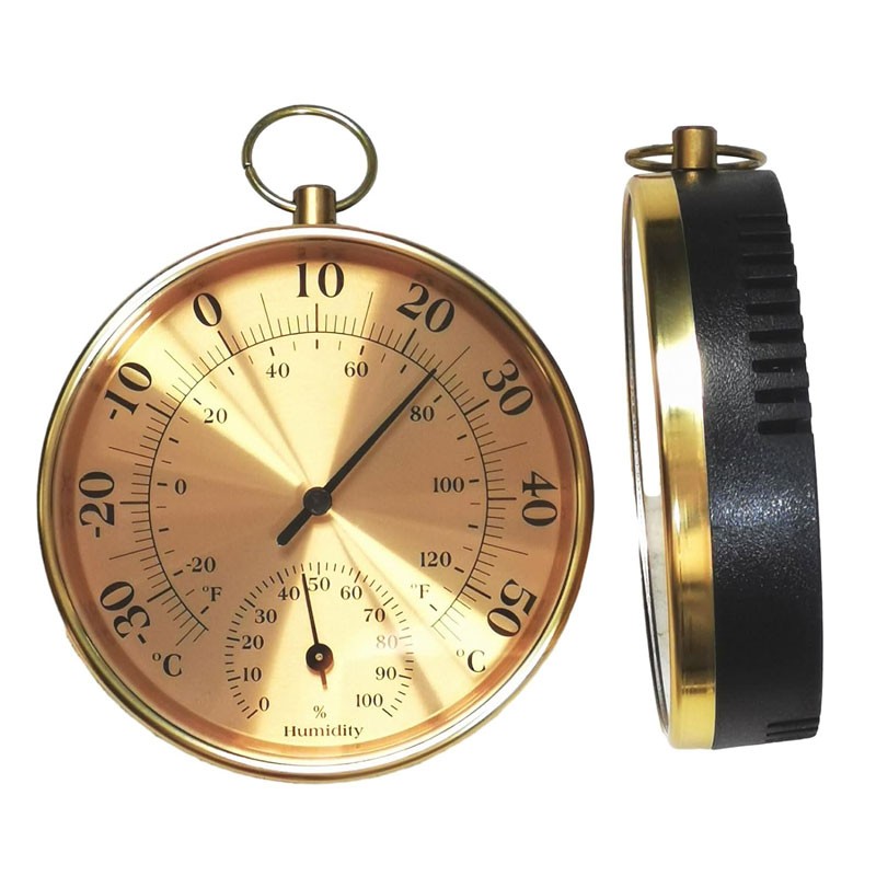Round Thermometer with Hygrometer, Gold