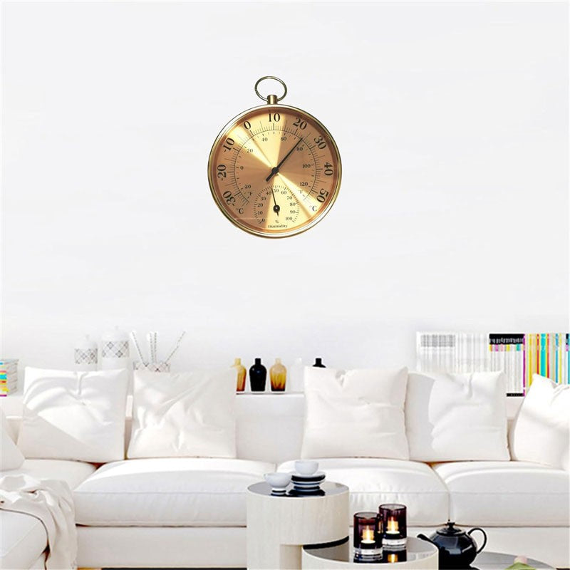 Round Thermometer with Hygrometer, Gold