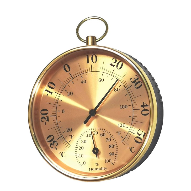 Round Thermometer with Hygrometer, Gold