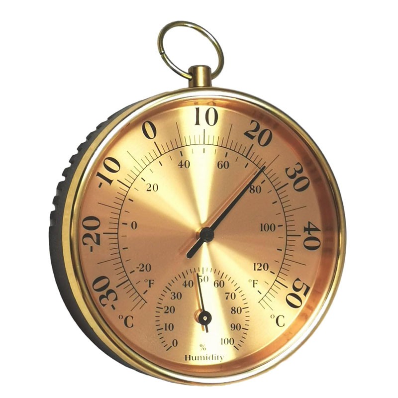 Round Thermometer with Hygrometer, Gold