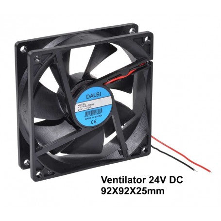 Ventilator axial 24V DC, 92x92x25mm, vedere laterala cu firele de conectare rosie si neagra