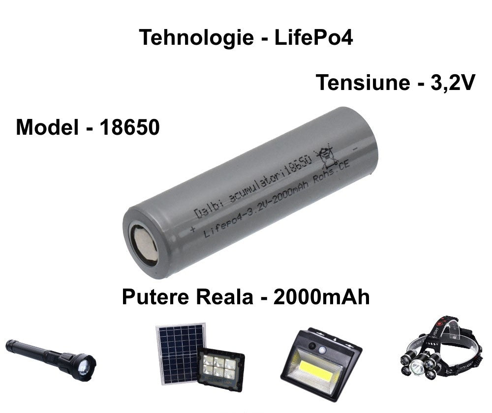 LifePo4 Battery, Type 18650, 3.2V, 2000mAh