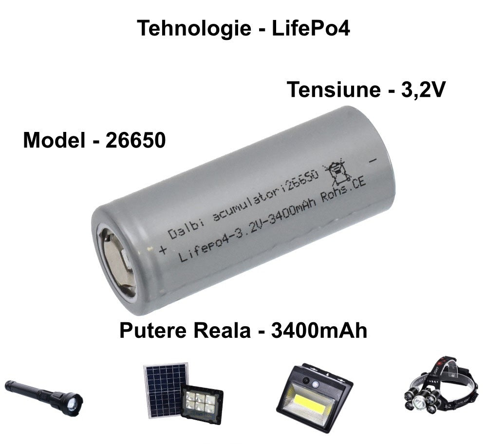 LifePo4 Battery, Type 26650, 3.2V, 3400mAh