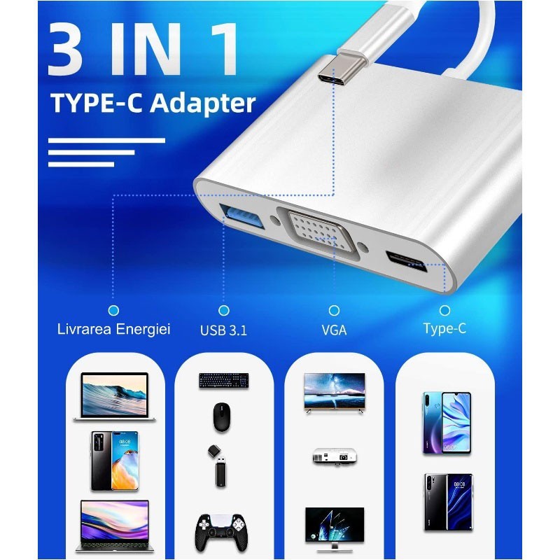 USB Type-C to VGA-USB 3.0-USB Type-C Video Adapter