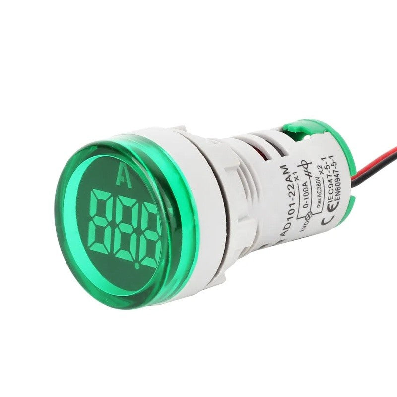 Digital Panel Ammeter, 220V, 22mm Diameter, Green