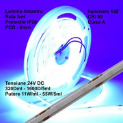 24V COB LED Strip - 8mm / 320 LEDs/m - 11W/m, Blue - Indoor IP20 - 5m/roll