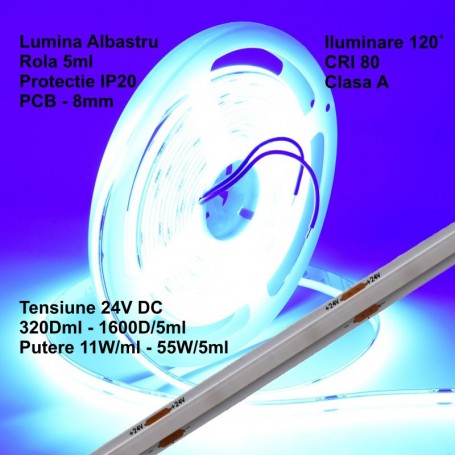 24V COB LED Strip - 8mm / 320 LEDs/m - 11W/m, Blue - Indoor IP20 - 5m/roll