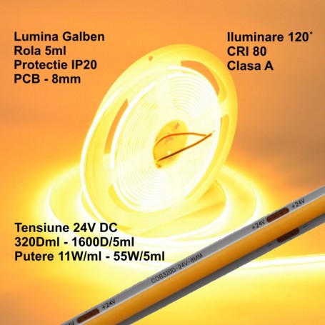 24V Cob LED Strip - 8mm / 320led/m - 11W/m, Yellow - Indoor IP20 - 5m/reel
