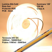 24V COB LED Strip - 8MM / 320 LEDs/m - 11W/m, Warm White Light 3500K - 1200lm - Indoor IP20 - 5m/roll