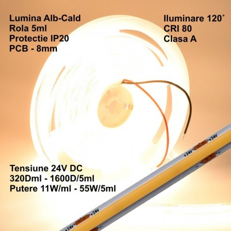 24V COB LED Strip - 8MM / 320 LEDs/m - 11W/m, Warm White Light 3500K - 1200lm - Indoor IP20 - 5m/roll