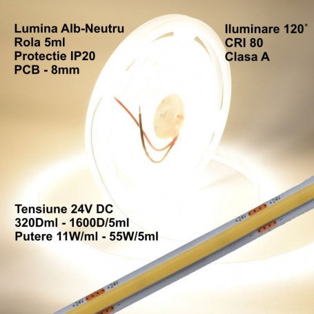 24V COB LED Strip - 8MM / 320 LEDs/m - 11W/m, Natural White Light 4500K - 1200lm - IP20 Indoor - 5m/roll