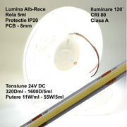 24V COB LED Strip - 8MM / 320 LEDs/m - 11W/m, Cool White 6500K - 1200lm - Indoor IP20 - 5m/reel