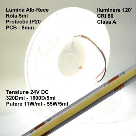 24V COB LED Strip - 8MM / 320 LEDs/m - 11W/m, Cool White 6500K - 1200lm - Indoor IP20 - 5m/reel
