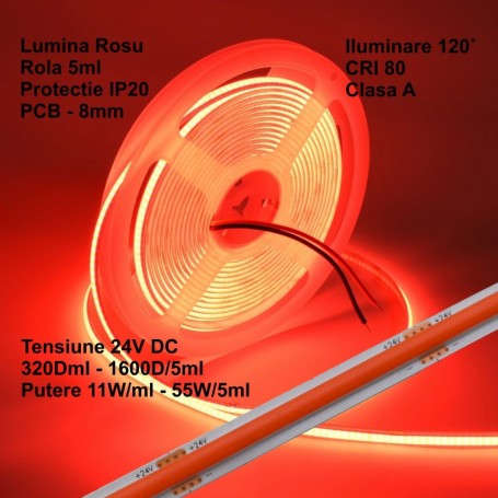 24V COB LED Strip - 8MM / 320 LEDs/m - 11W/m, Red - Indoor IP20 - 5m/roll