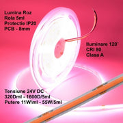 24V COB LED Strip - 8mm / 320 LEDs/m - 11W/m, Pink - Indoor IP20 - 5m/roll