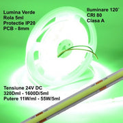 24V COB LED Strip - 8mm / 320led/m - 11W/m, Green - Indoor IP20 - 5m/roll