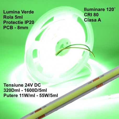 24V COB LED Strip - 8mm / 320led/m - 11W/m, Green - Indoor IP20 - 5m/roll