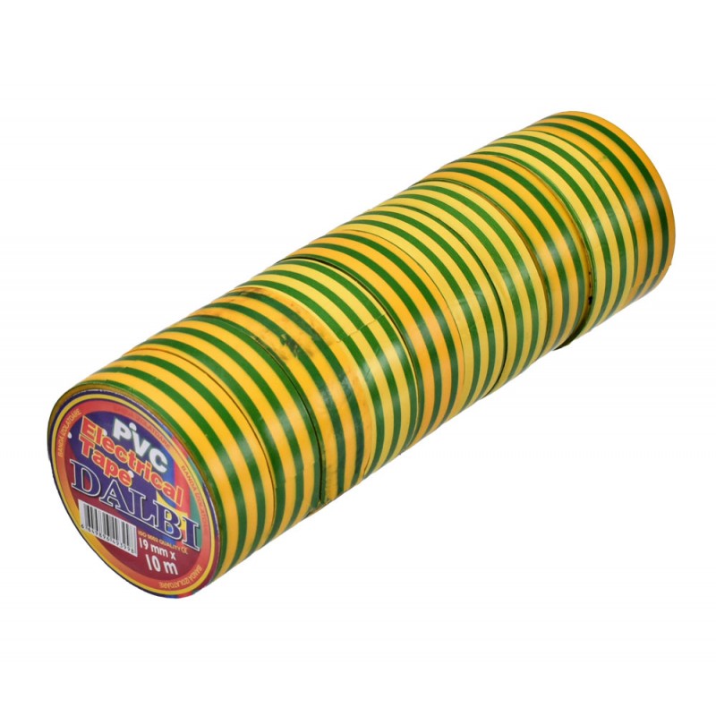 Set of 10x Flame Retardant Electrical Tape, PVC, 19mm Width, 10m Length per Roll, Yellow/Green
