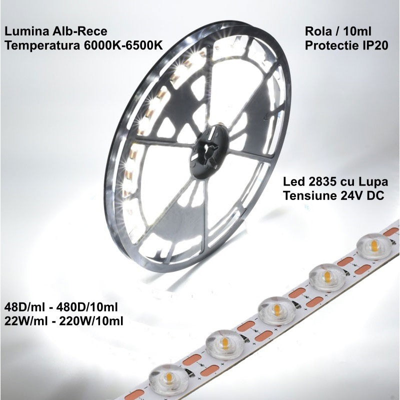 LED Strip 2835 with Lens - 24V - 480LED - 220W, IP20 Cool White Light 6500K, Roll/10m