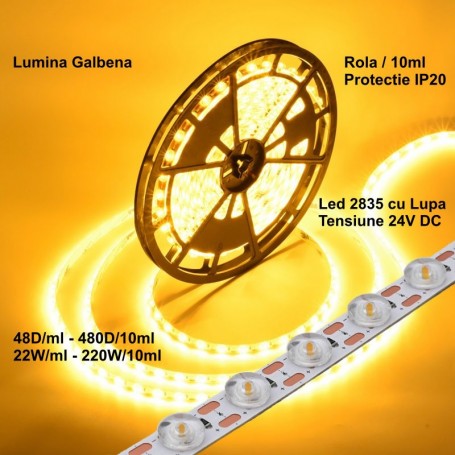 2835 LED Strip with Lens - 24V - 480 LEDs - 220W, IP20 Yellow Light, Roll/10m
