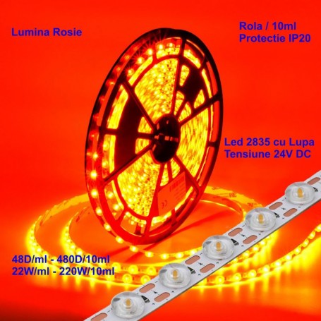 2835 LED Strip with Lens - 24V - 480 LEDs - 220W, IP20 Red Light, Roll/10m