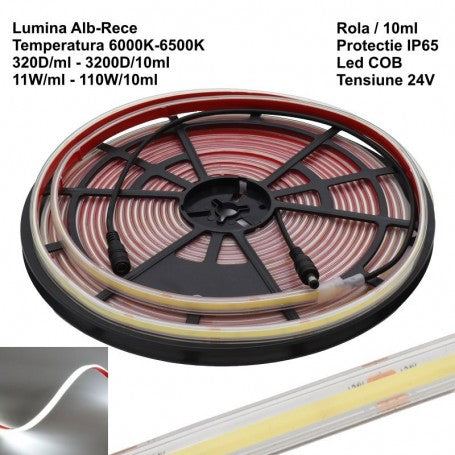 LED Strip 320 Cob - 24V - 10mm Cool White 6500K, IP65 Outdoor - Roll/10m