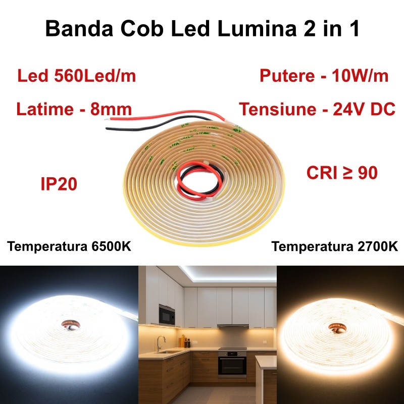 COB LED Strip 560D/m - 2-in-1 White Light 2700K-6500K - 24V/2-Wire - 8mm - 10W/m - RA 90, IP20 Protection - Roll/5m