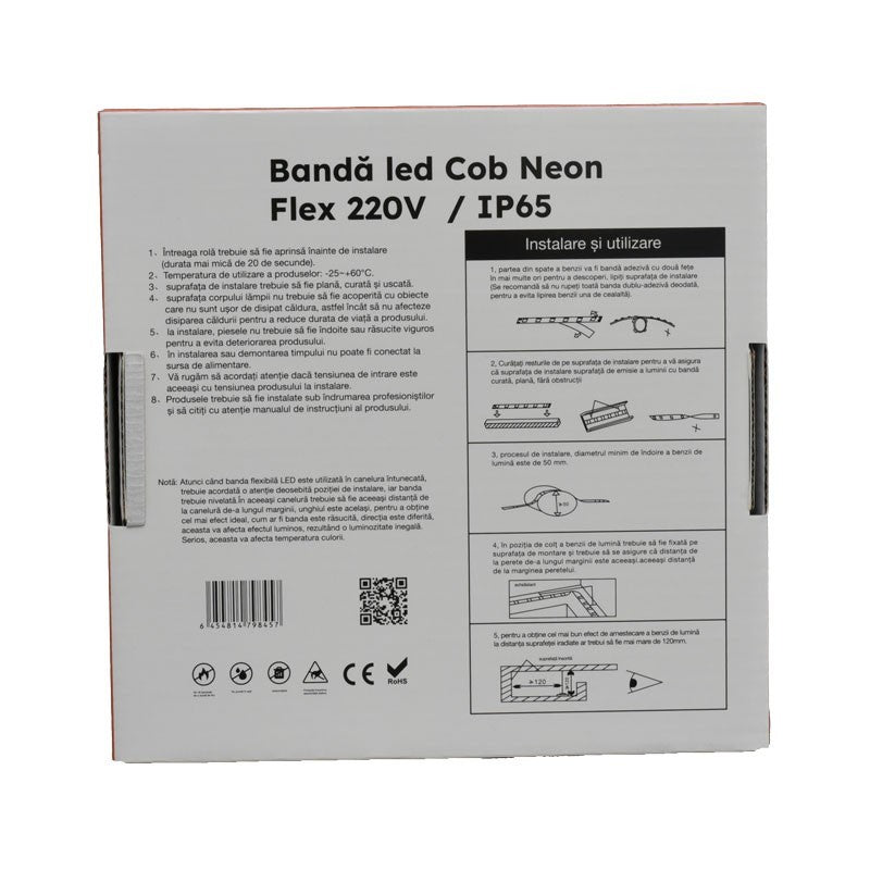White-Warm Cob LED Strip 3000K Neon Flex - 288led/m - IP65 / 220V - 10W/ml / 5m Roll