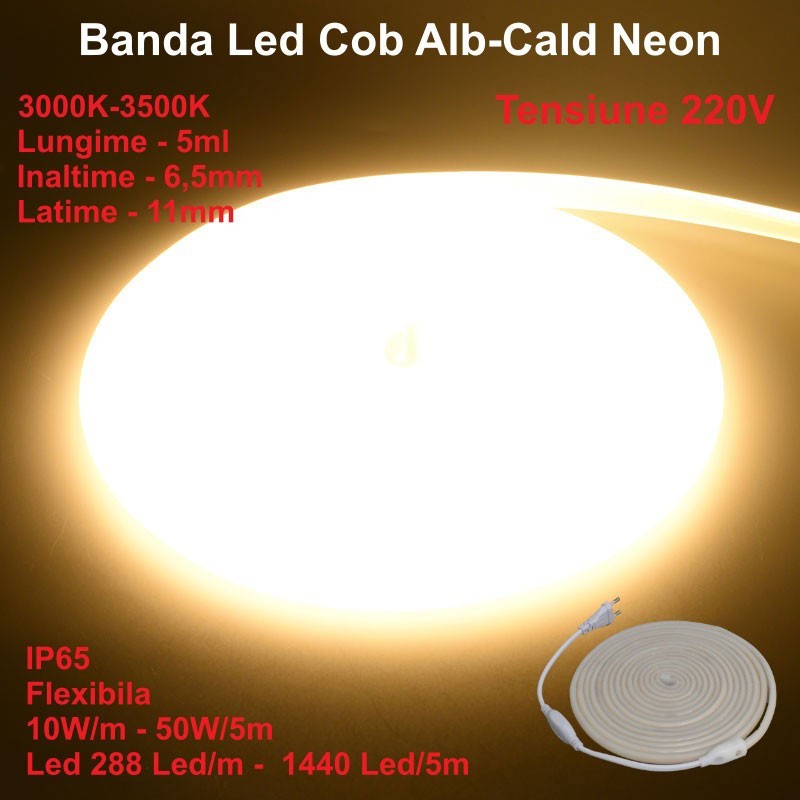 White-Warm Cob LED Strip 3000K Neon Flex - 288led/m - IP65 / 220V - 10W/ml / 5m Roll